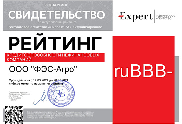 Рейтинг кредитоспособности ООО «ФЭС-Агро» повышен до уровня ruBBB- прогноз стабильный